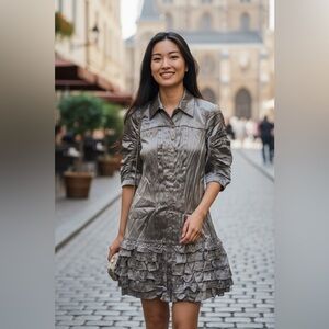 Satin Taupe Button Down Ruffle Dress – Size XS